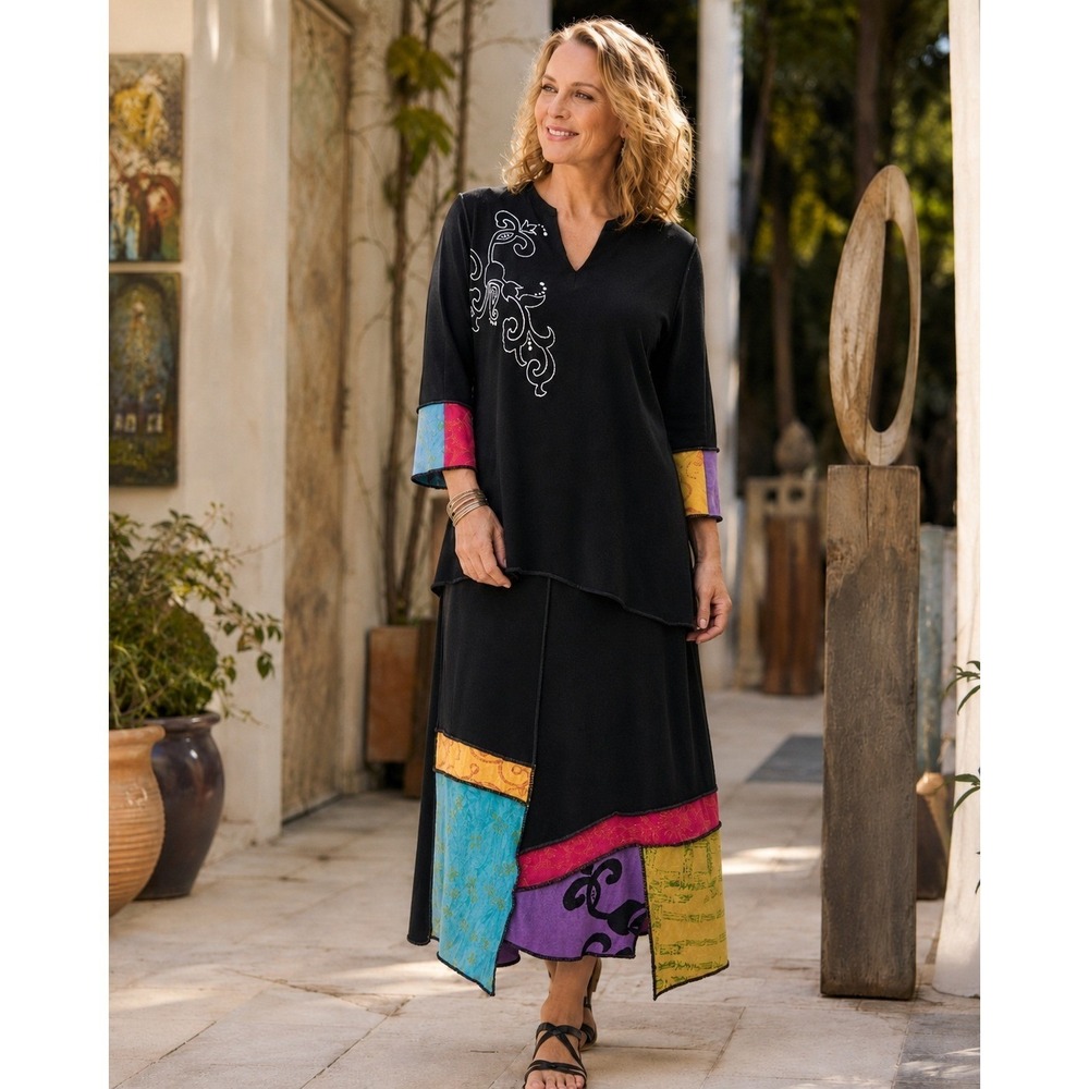 JGs Mad Lab Art To Wear Tunic Skirt Set Black Patchwork Embroidered M L